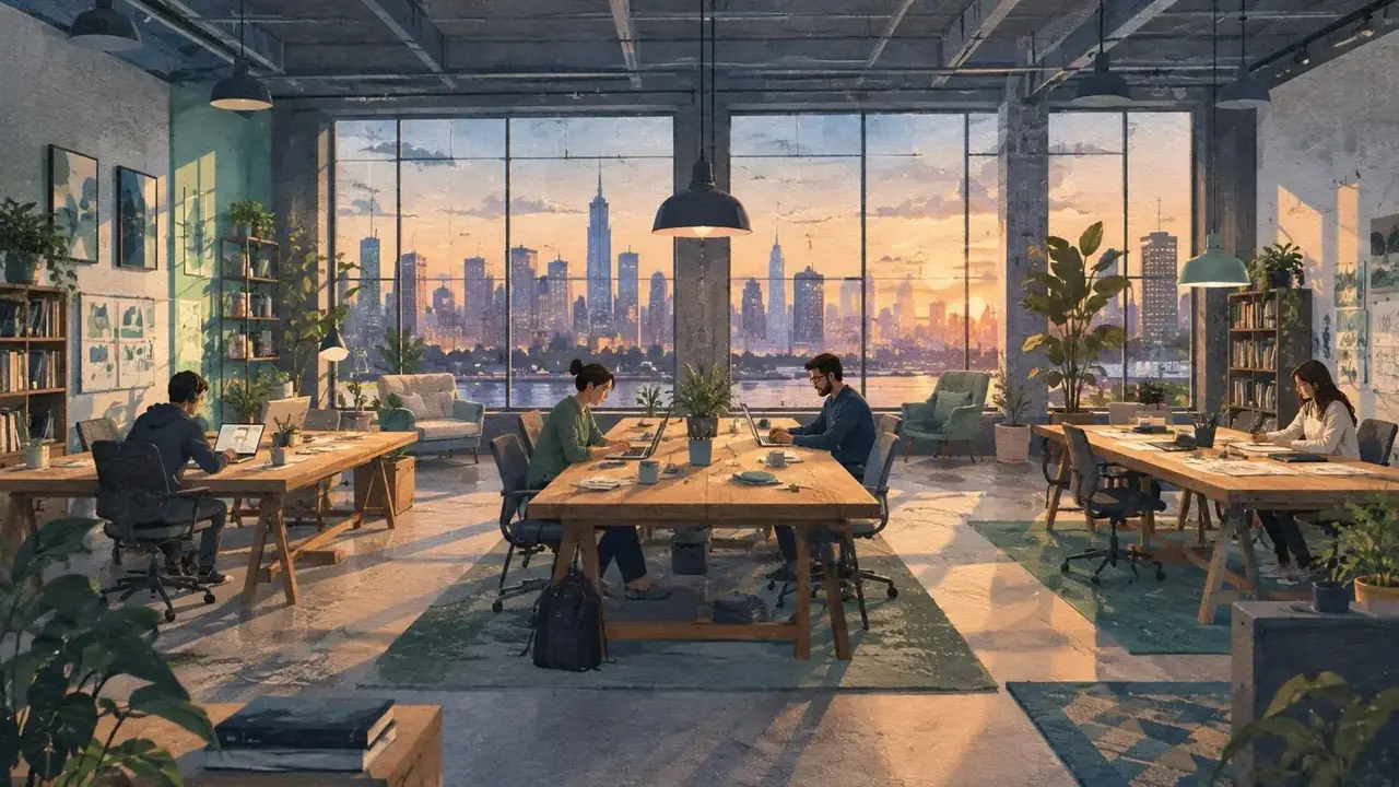 二楼共享办公室 - 黄果短剧看原创剧集 二楼共享办公室 场景剧照:三位自由职业者的共享办公室